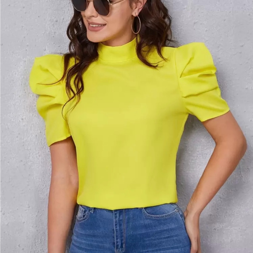 SHEIN Neon Yellow Puff Sleeve Blouse